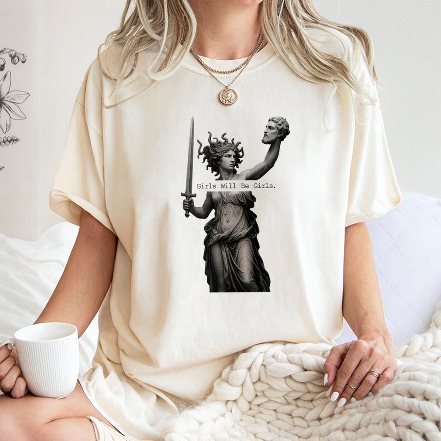 Medusa Feminist T-Shirt | Girls Will Be Girls Greek Mythology Art | Premium 100% Cotton Graphic Tee | Empowering Gift for Mythology Lovers