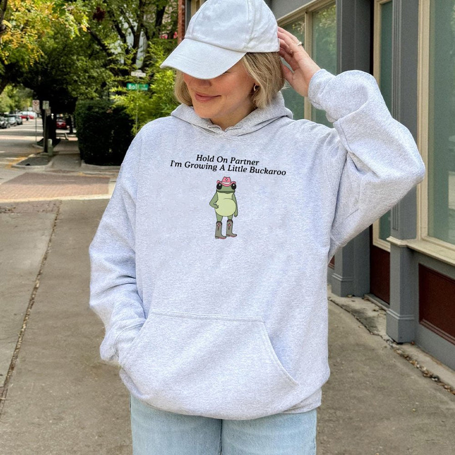 Funny Pregnancy Announcement Hoodie | Western Frog Cowgirl Design | Premium Cotton-Poly Blend | Cute First Time Mom Gift & Baby Reveal Shirt
