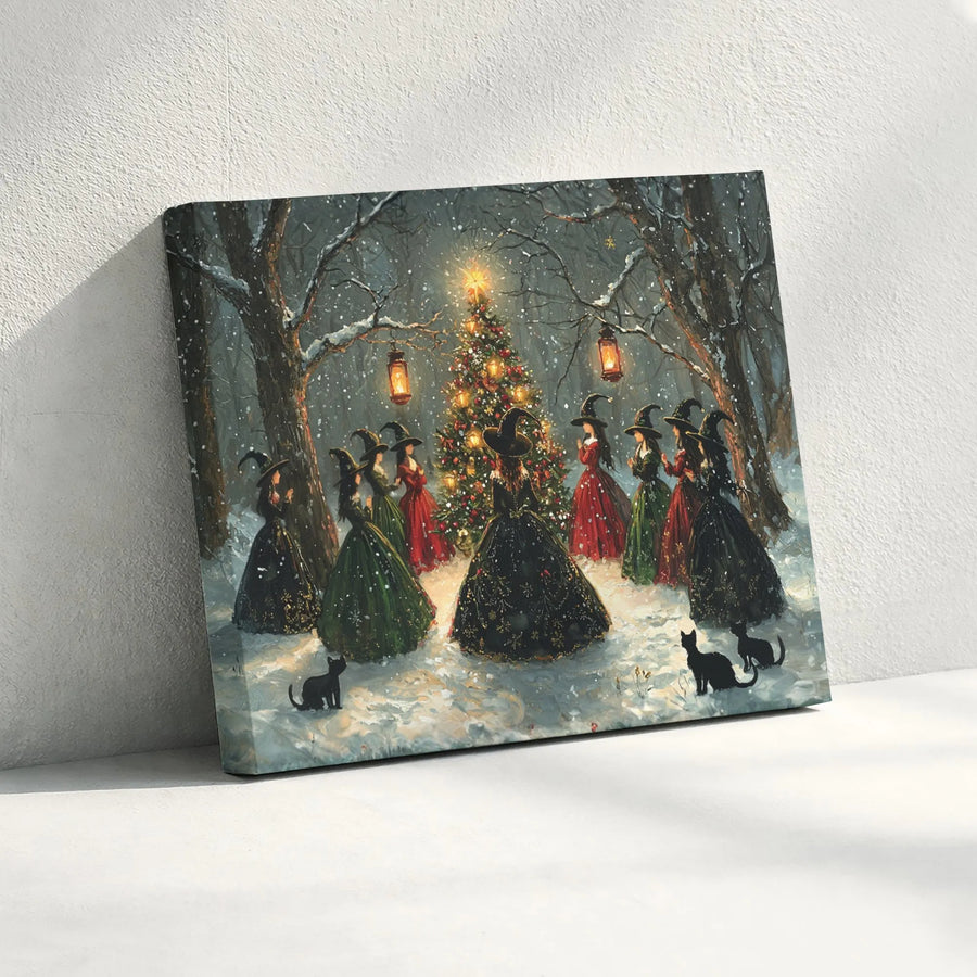 Witchy Christmas Canvas Wall Art | Vintage Coven Gathering in Snowy Forest | Premium Canvas Print | Gothic Holiday Decor Gift