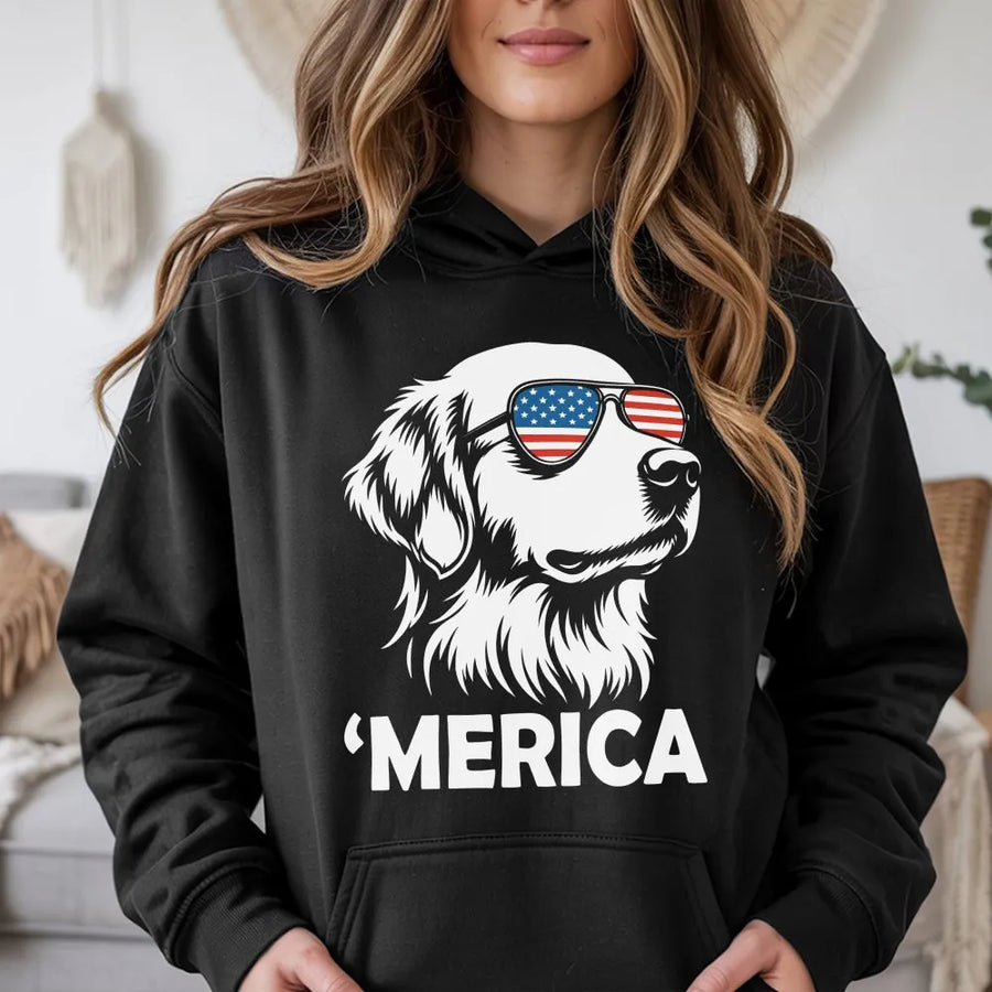 Patriotic Dog Hoodie | Golden Retriever with USA Flag Sunglasses | Premium Cotton Blend | Funny 4th of July Gift for Dog Lovers