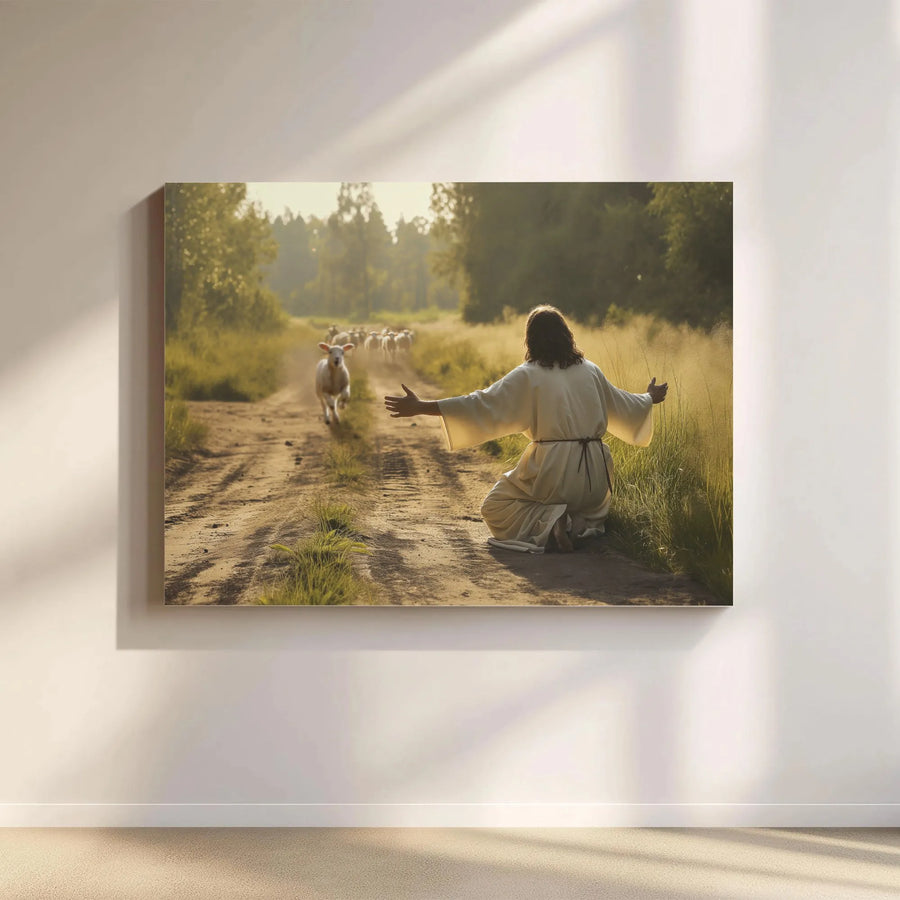 Jesus With Lamb Canvas Wall Art | Shepherd Welcoming The Lost Sheep | Premium Gallery Wrap Print | Faithful Christian Home Decor Gift