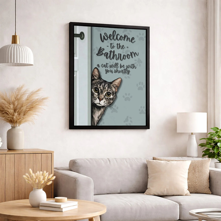 Welcome To The Bathroom Cat Wall Art | Peeking Tabby Kitten Humor Print | 1.25 Inch Premium Gallery Canvas | Funny Bathroom Decor Gift For Cat Lovers