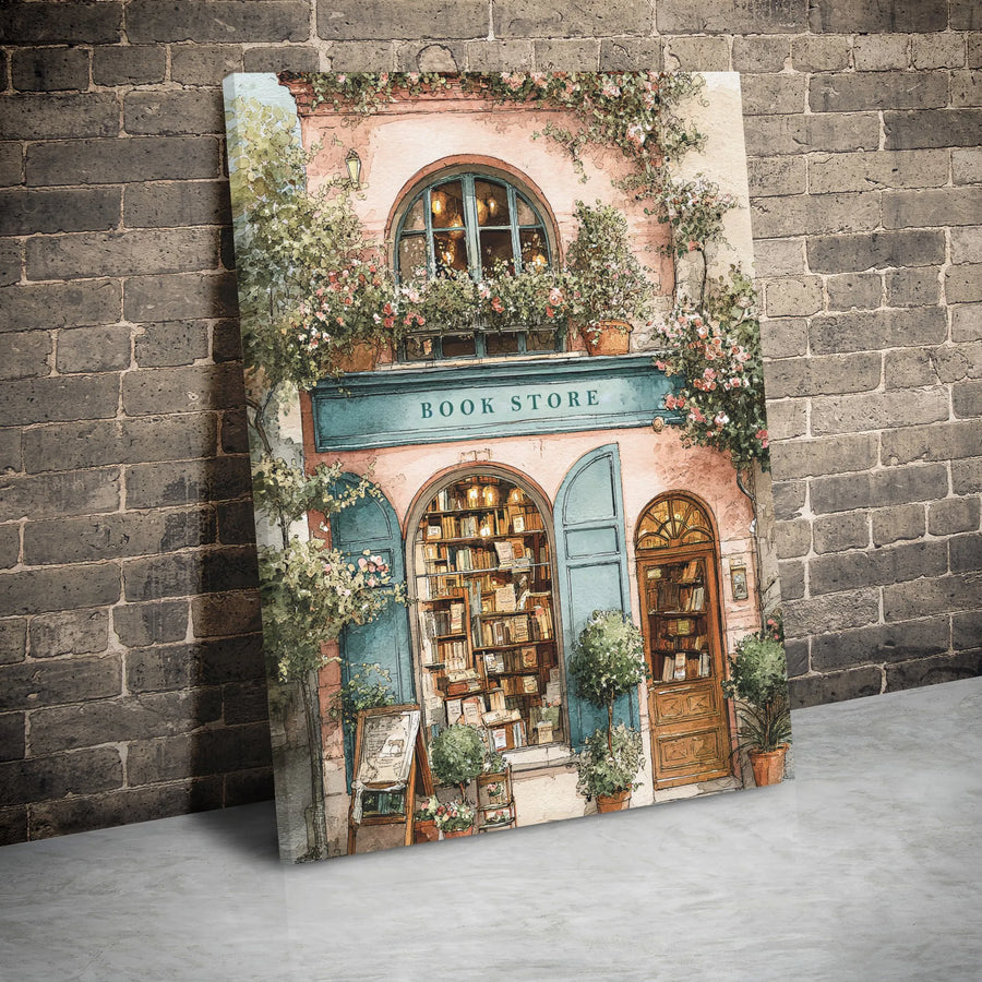 Bookstore Canvas Wall Art | Charming European Floral Shopfront Watercolor | Premium Gallery Wrap Print | Aesthetic Librarian Gift for Home Decor