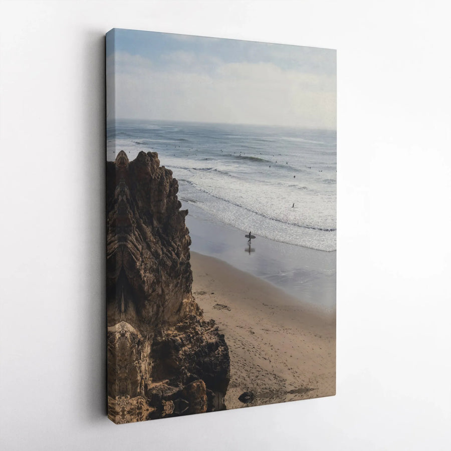 Surfer Beach Wall Art | Rocky Cliff Ocean Landscape Canvas | Premium Gallery-Wrap Print | Coastal Home Decor Gift for Ocean Lovers
