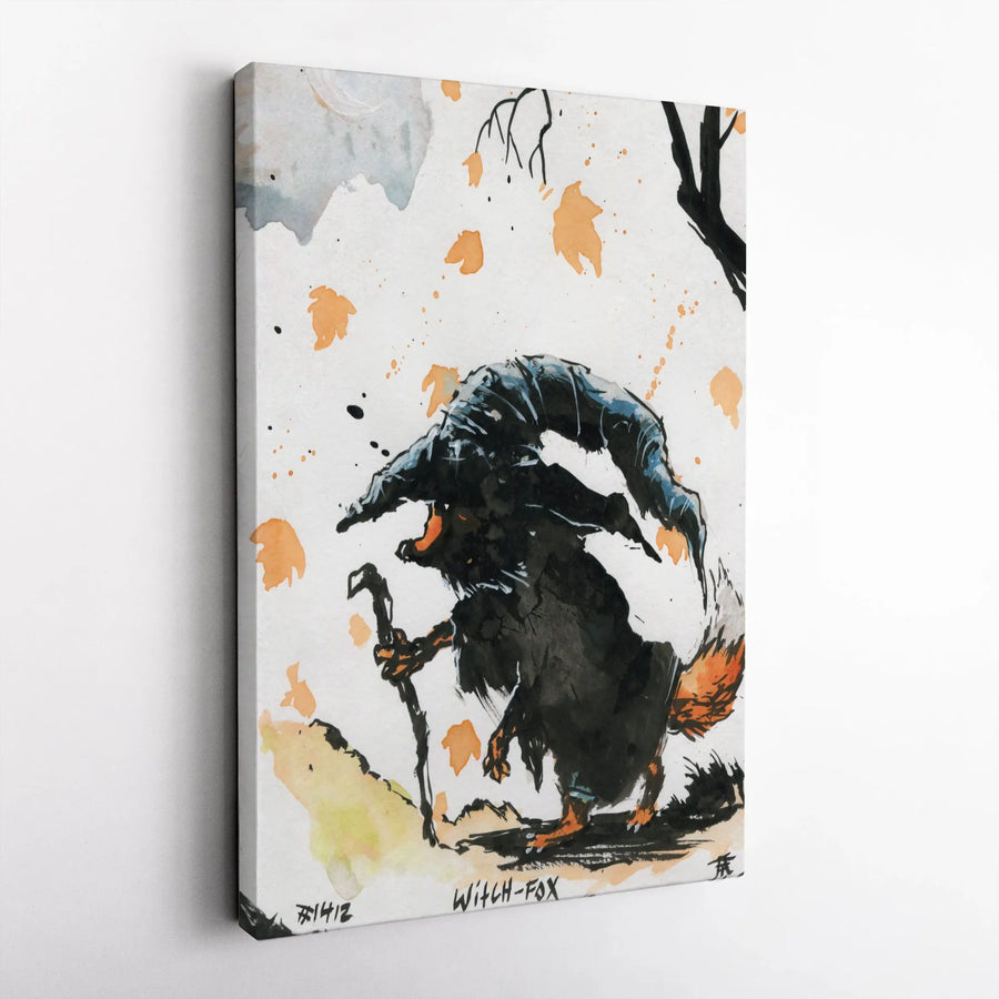 Witch Fox Canvas Wall Art | Whimsical Watercolor Forest Creature Portrait | Premium Gallery-Wrapped Decor | Unique Gift for Animal Lovers