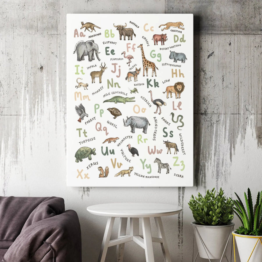 Animal Alphabet Wall Art | Watercolor Safari Nursery Decor | Premium Gallery Wrap Canvas | Educational Kids Room Gift