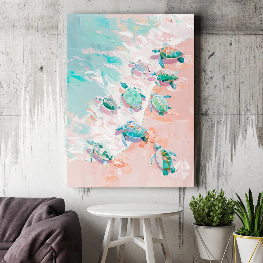 Baby Sea Turtles Canvas Wall Art | Pastel Ocean Beach Painting | Premium Gallery Wrapped Decor | Coastal Nursery Gift Idea