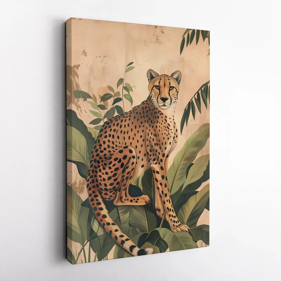 Vintage Cheetah Vertical Canvas | Jungle Botanical Illustration | Premium Thick Gallery Wrap | Safari Themed Living Room Decor Gift