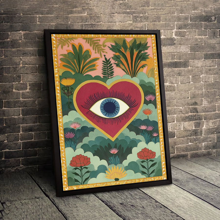 Evil Eye Heart Canvas Wall Art | Whimsical Botanical Garden Design | Premium Fade-Resistant Gallery Wrap | Spiritual Home Decor Gift