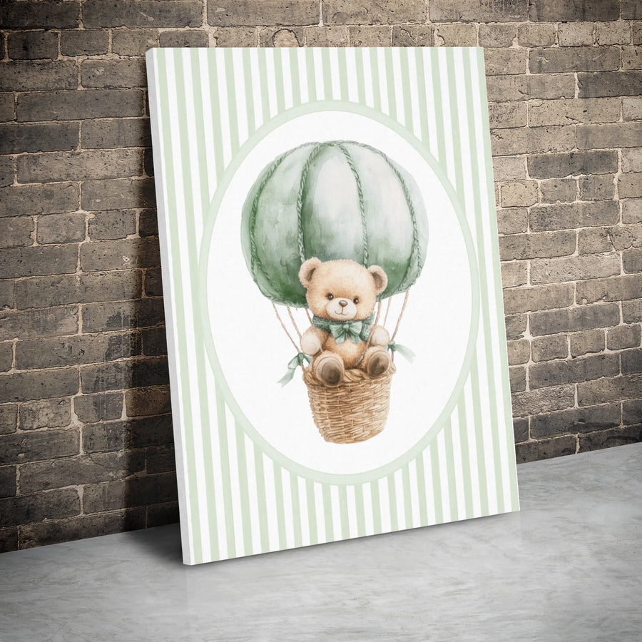 Watercolor Teddy Bear Canvas Art | Sage Green Hot Air Balloon Nursery Decor | Gallery Wrap Wall Print | Gender Neutral Baby Room Gift
