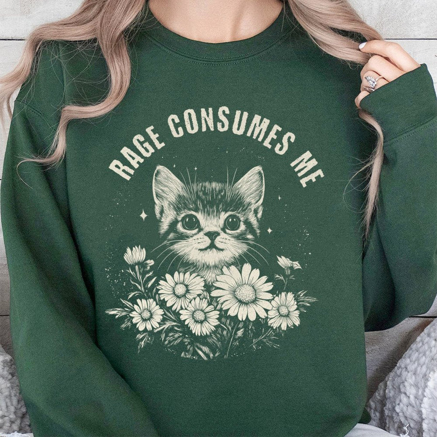 Rage Consumes Me Cat Sweatshirt | Funny Kitten Floral Graphic Print | Premium Cotton Blend Crewneck | Gift for Cat Lovers & Meme Fans