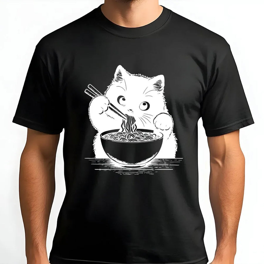 Ramen Cat T-Shirt | Kawaii Anime Noodle Eating Kitty Graphic | Premium Soft Cotton Tee | Cute Animal Lover Gift for Women and Men
