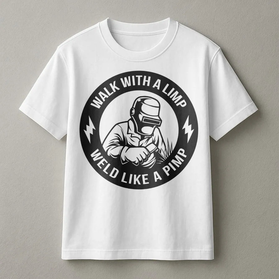 Welder T-Shirt | Walk With A Limp Weld Like A Pimp Graphic | Premium Soft Cotton Tee | Funny Gift For Welders, Metalworkers, And Fabricators