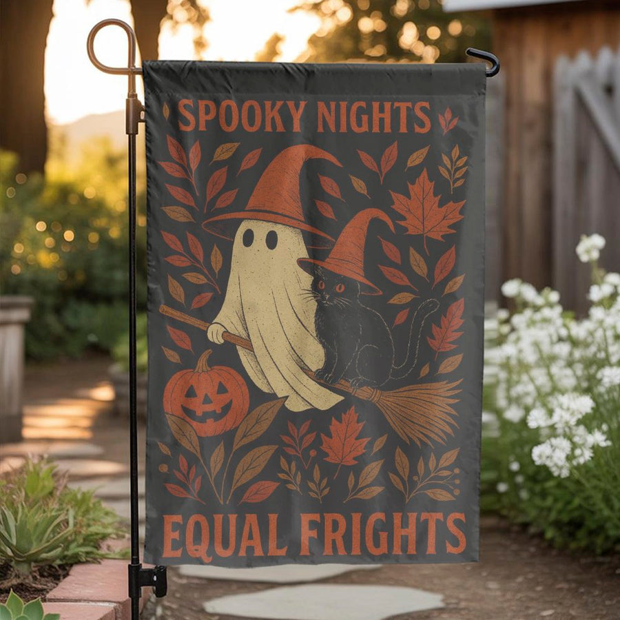 Spooky Nights Garden Flag | Ghost Witch Cat Halloween Yard Decor | Premium Double-Sided Polyester Banner | Fall Outdoor Gift for Witchy Home