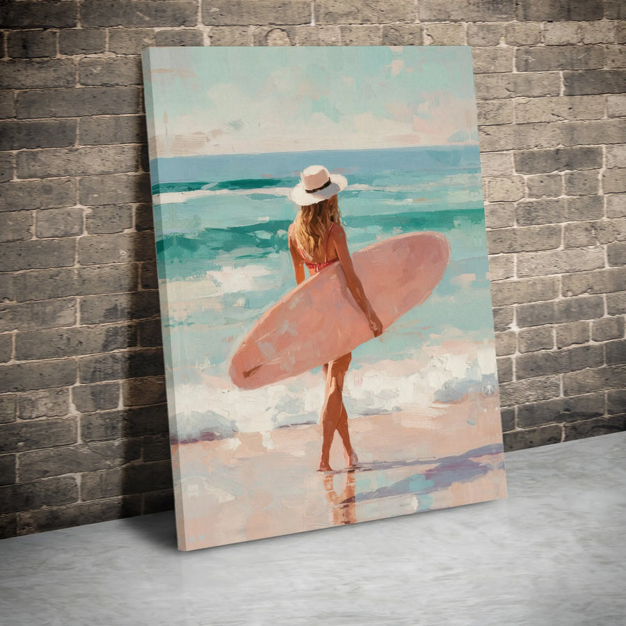 Surfer Girl Canvas Print | Impressionist Beach Painting Wall Art | Premium Thick Gallery Wrap | Coastal Home Decor Gift for Ocean Lovers