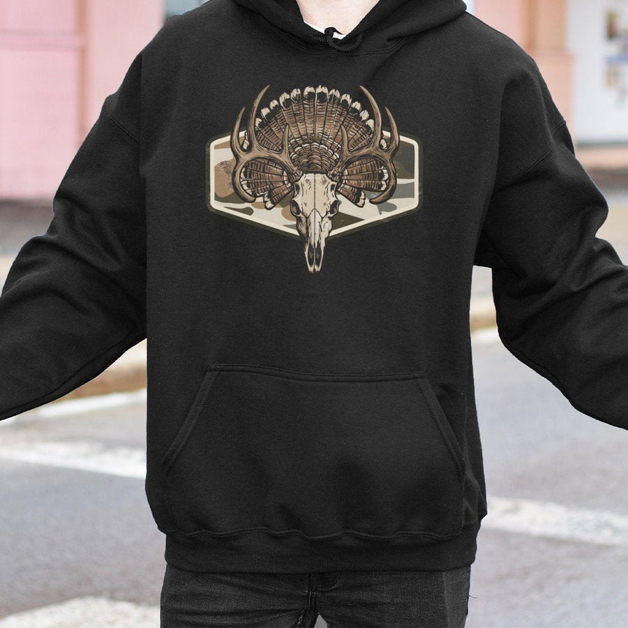 Deer Turkey Skull Hoodie | Rustic Camo Hunting Antler Graphic | Premium Cotton Blend | Gift For Hunter Outdoorsman