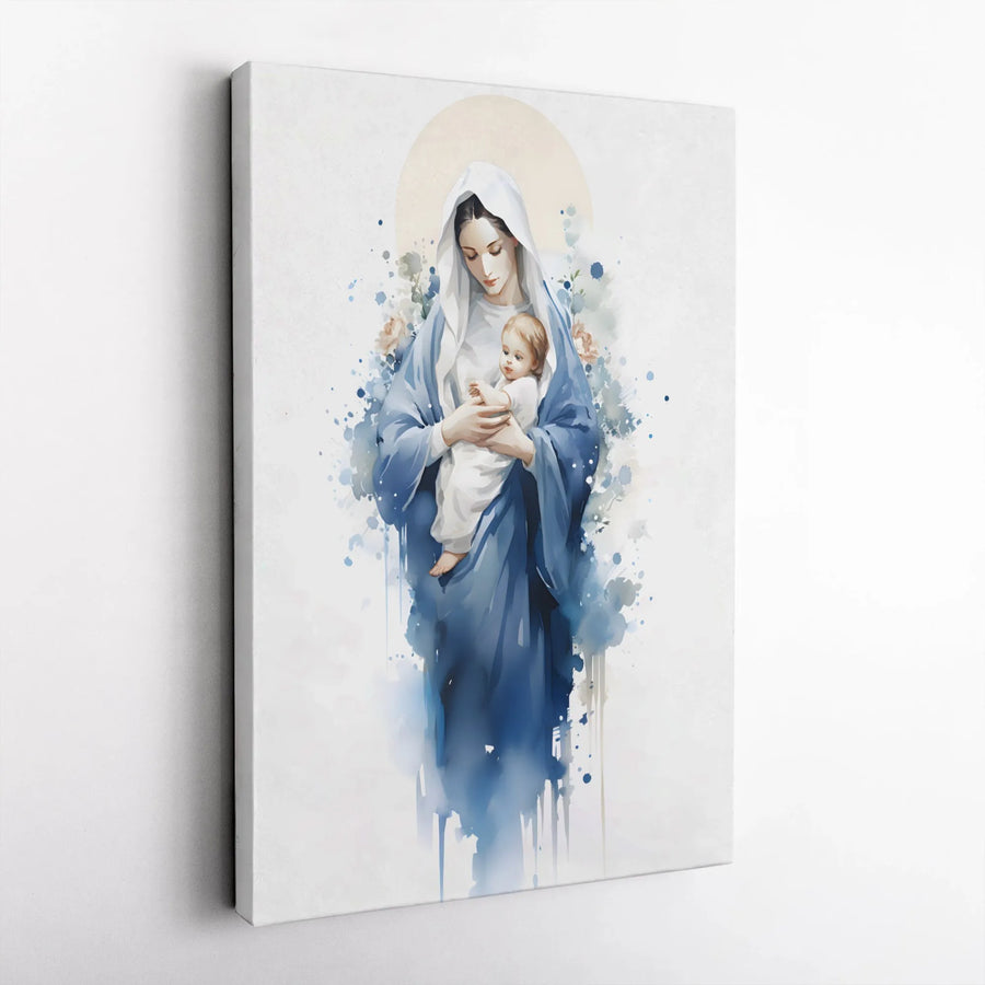 Virgin Mary and Baby Jesus Canvas Art | Watercolor Religious Wall Decor | Premium Fade-Resistant Gallery Wrap | Christian Home Gift