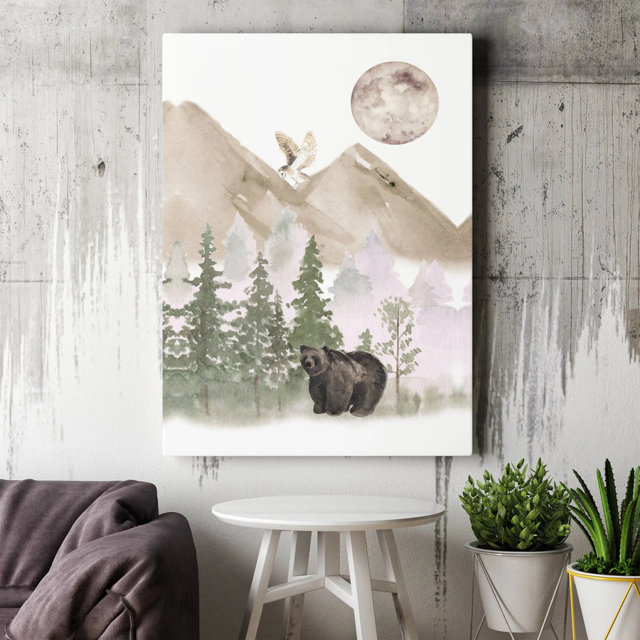 Watercolor Bear and Owl Canvas Wall Art | Mountain Forest Landscape | Premium Gallery-Wrapped Print | Nature Nursery or Home Decor Gift