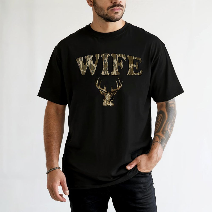 Wife Hunting T-Shirt | Camo Deer Antler Graphic Design | 100% Cotton Premium Tee | Outdoorsy Gift for Deer Hunter Wife and Hunting Season