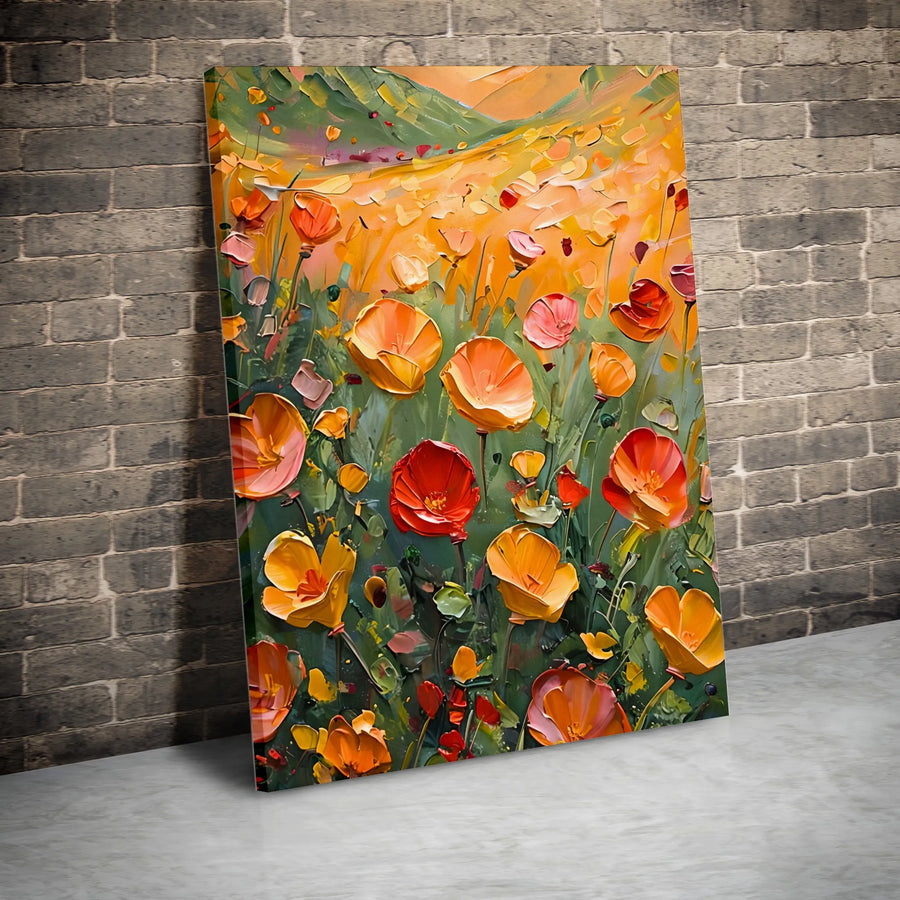 Poppy Field Canvas Print | Vibrant Impasto Flower Landscape | 1.25 Inch Gallery Wrap | Modern Botanical Home Decor Wall Art