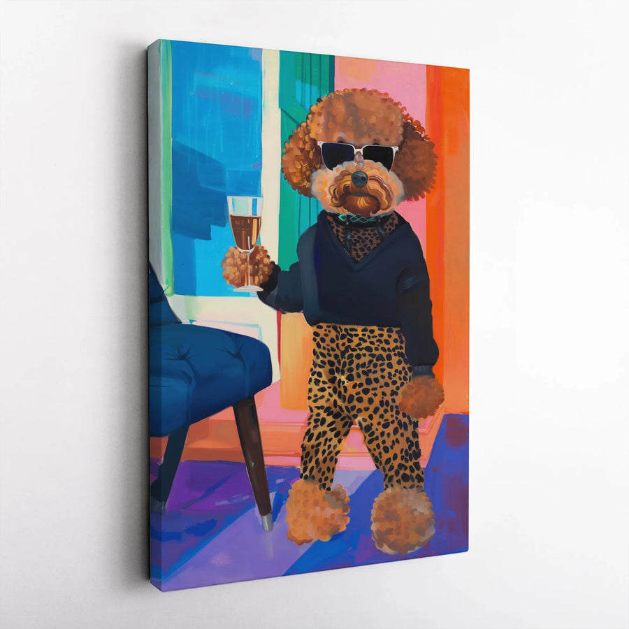 Poodle Wall Art | Sophisticated Dog Drinking Wine in Leopard Print | Premium Gallery Wrap Canvas | Unique Gift for Dog Lovers