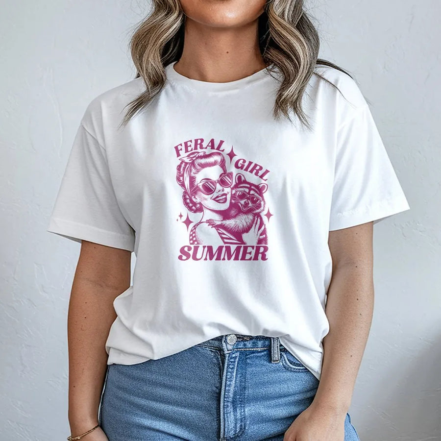 Feral Girl Summer T-Shirt | Vintage Raccoon Graphic Sweatshirt | Premium Cotton-Blend | Trendy Y2K Aesthetic Streetwear Gift for Her