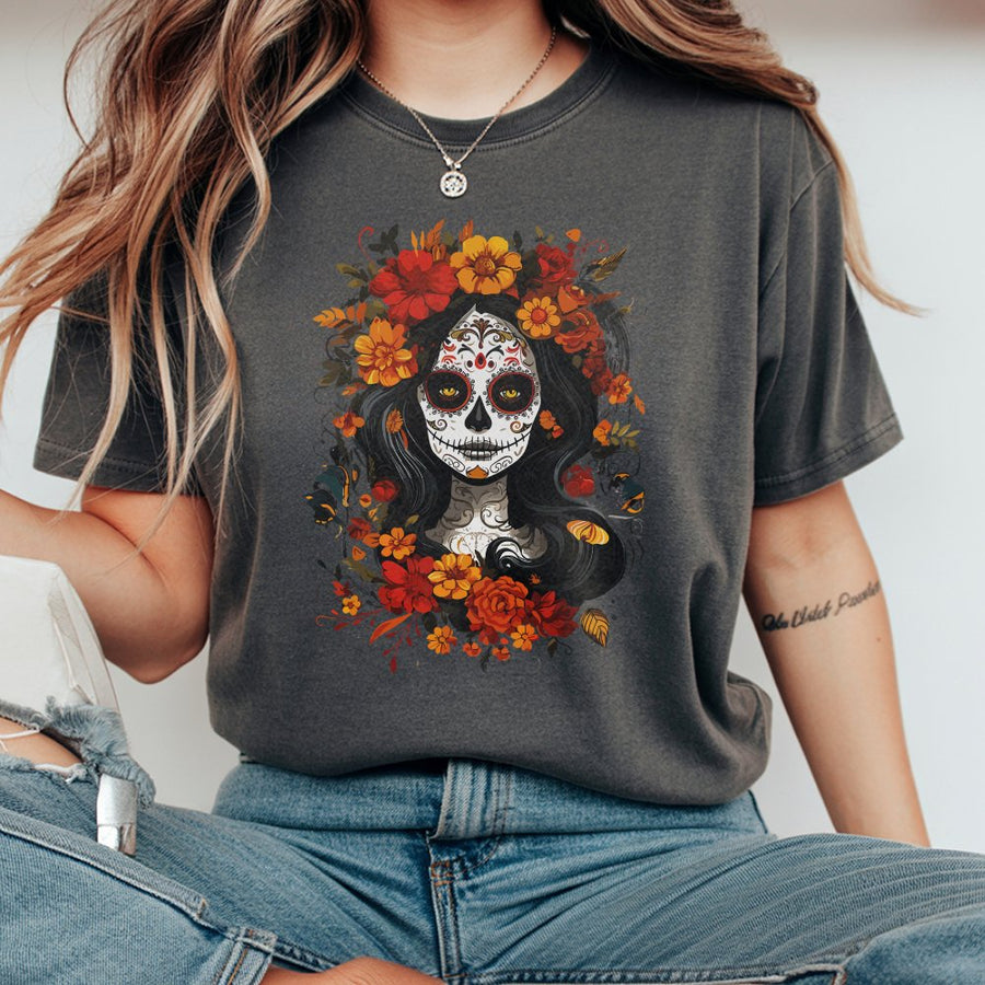 Day of the Dead Sugar Skull T-Shirt | La Catrina Floral Graphic Art | Premium 100% Cotton Unisex Tee | Dia de los Muertos Gift for Women and Men
