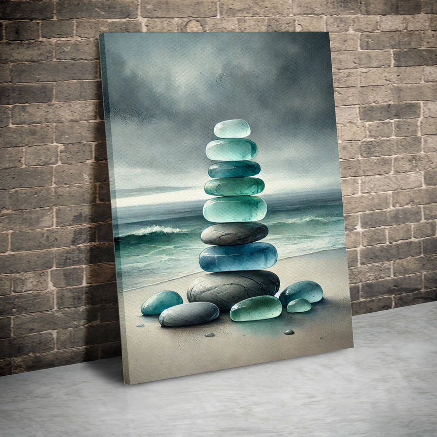 Zen Stone Stack Wall Art | Watercolor Beach Sea Glass Print | Premium Gallery-Wrapped Canvas | Calming Coastal Home Decor Gift