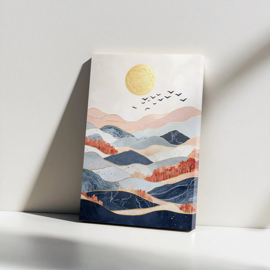 Abstract Mountain Landscape Canvas Art | Golden Sun Minimalist Wall Decor | Premium Gallery Wrapped Print | Modern Living Room Home Interior Decor