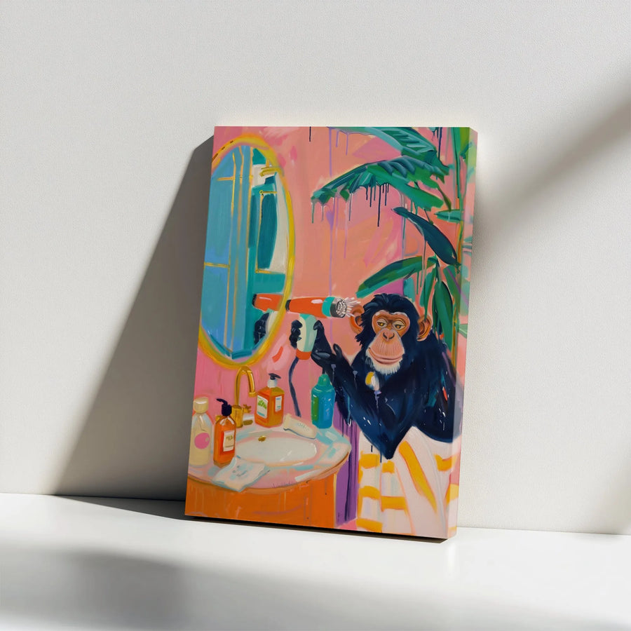 Chimpanzee Bathroom Canvas Wall Art | Whimsical Monkey Blow Drying Hair Print | 1.25 Inch Gallery Wrap | Pop Art Animal Home Decor Gift