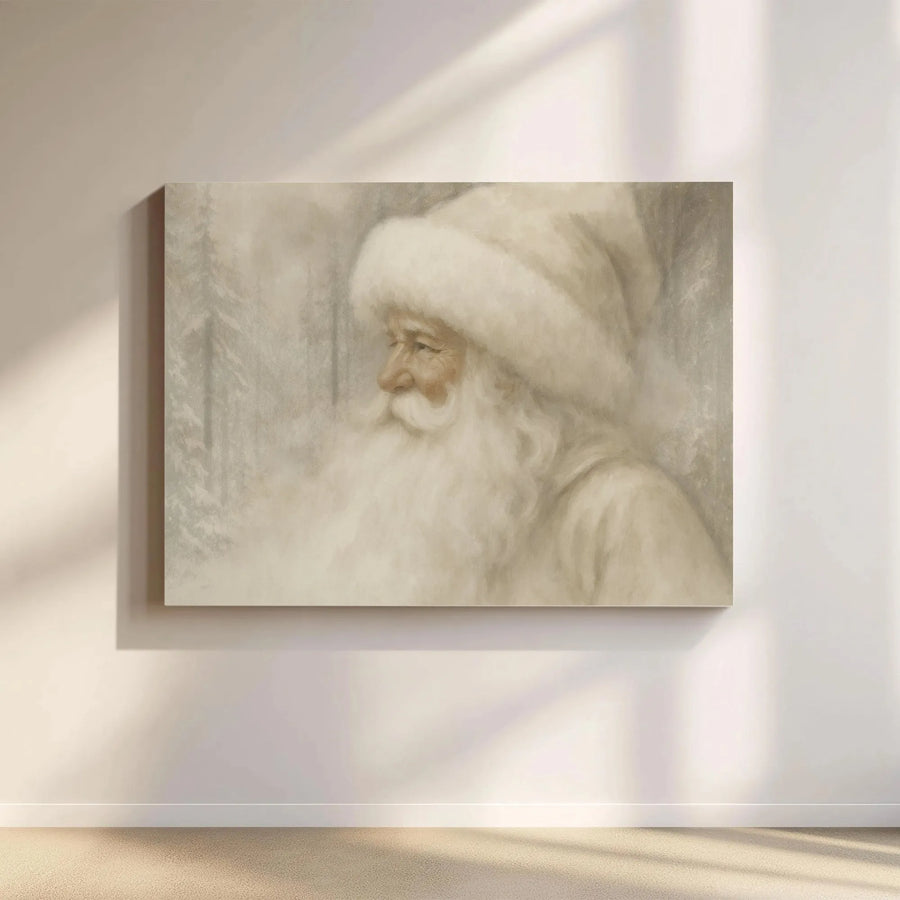 Vintage Santa Claus Wall Art | Neutral Winter Forest Portrait | Gallery-Wrapped Canvas | Premium Christmas Holiday Home Decor Gift