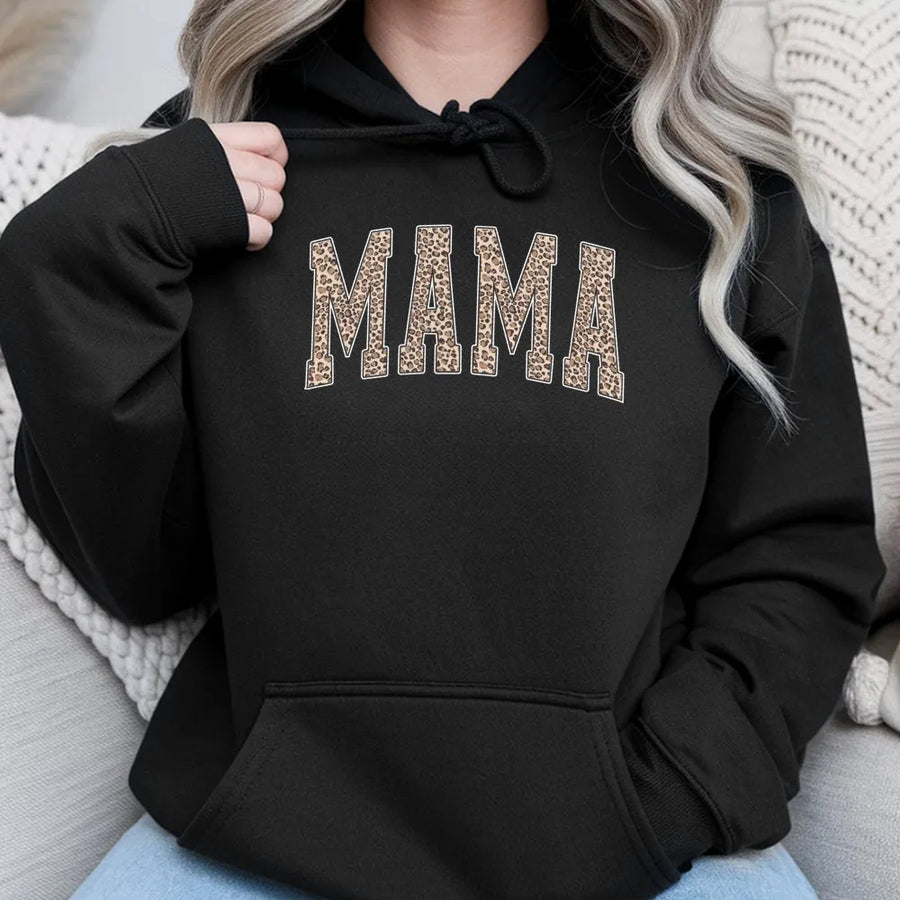 Mama Leopard Print Hoodie | Varsity Arch Lettering Design | Premium Cotton Blend | Trendy New Mom Gift and Casual Mother's Day 2026 Sweatshirt