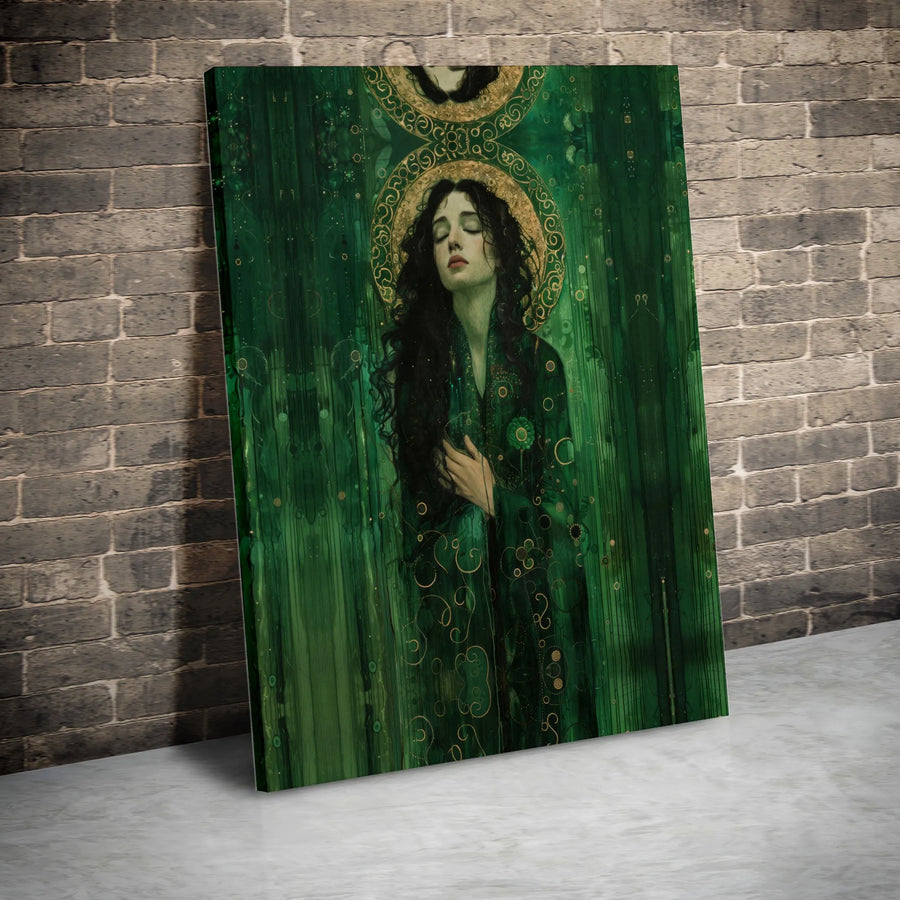 Art Nouveau Woman Wall Art | Serene Green Goddess with Golden Halo | Premium Gallery-Wrapped Canvas | Elegant Gift for Home Decor Enthusiasts