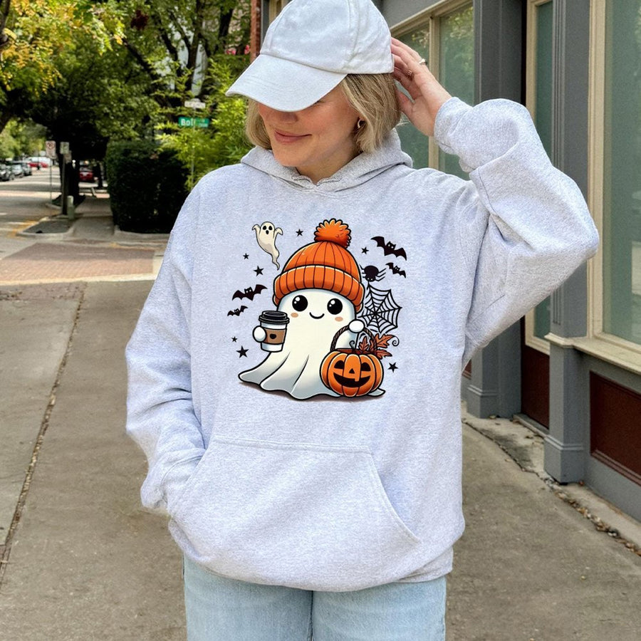 Cute Halloween Ghost Hoodie | Coffee Lover Pumpkin Spice Design | Premium Cotton Blend | Spooky Fall Apparel Gift for Women & Men