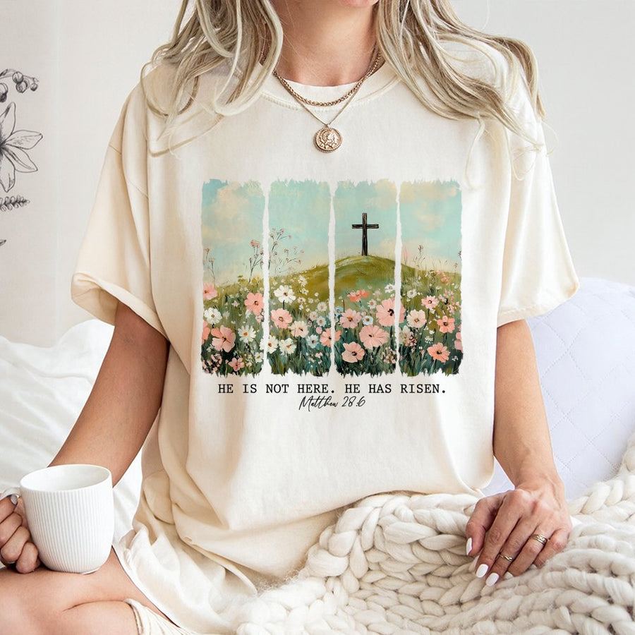 He Is Risen T-Shirt | Christian Easter Wildflower Cross Design | 100% Cotton Premium Tee | Faith-Based Religious Gift for Women