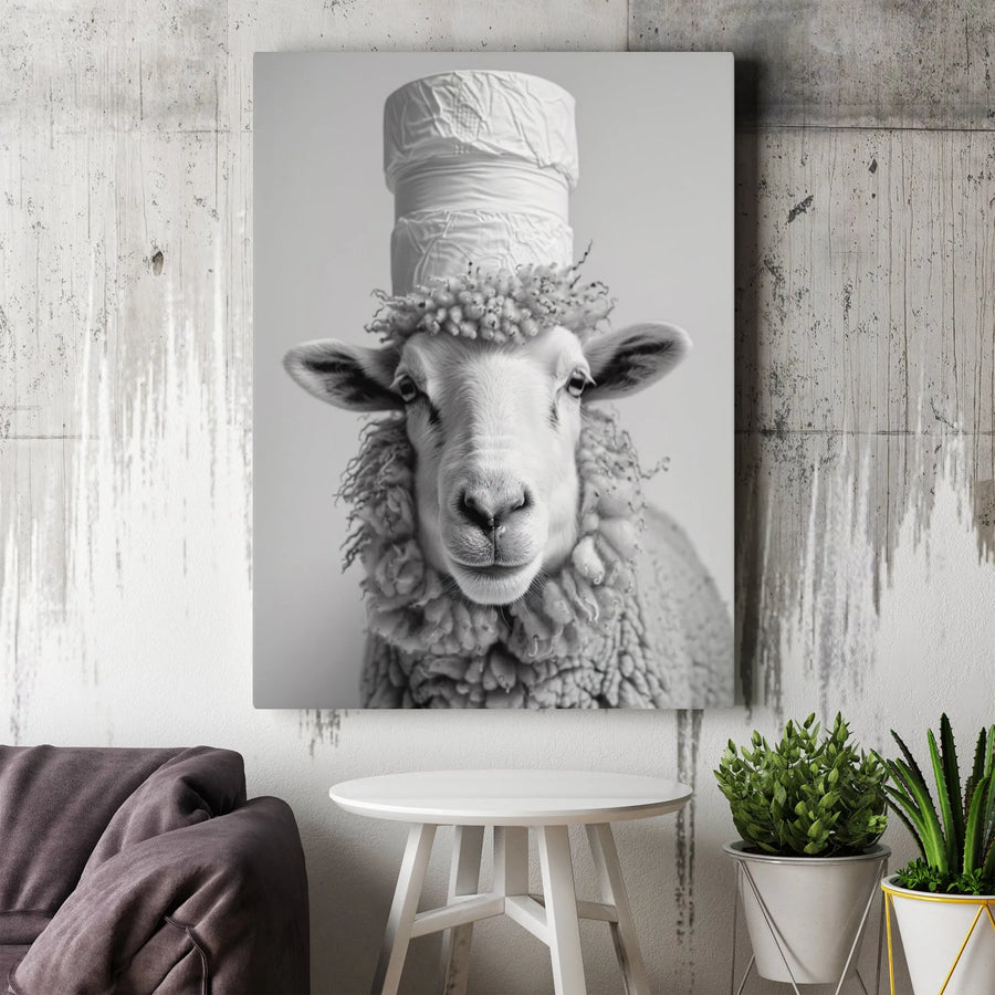 Funny Sheep Wall Art | Surreal Toilet Paper Hat Portrait | Gallery Quality Black and White Canvas | Whimsical Farmhouse Decor Gift
