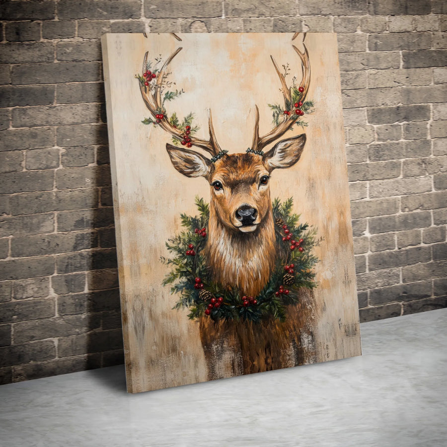 Christmas Reindeer Canvas Wall Art | Festive Deer With Holiday Wreath | Premium Fade-Resistant Gallery Wrap | Farmhouse Winter Home Decor Gift