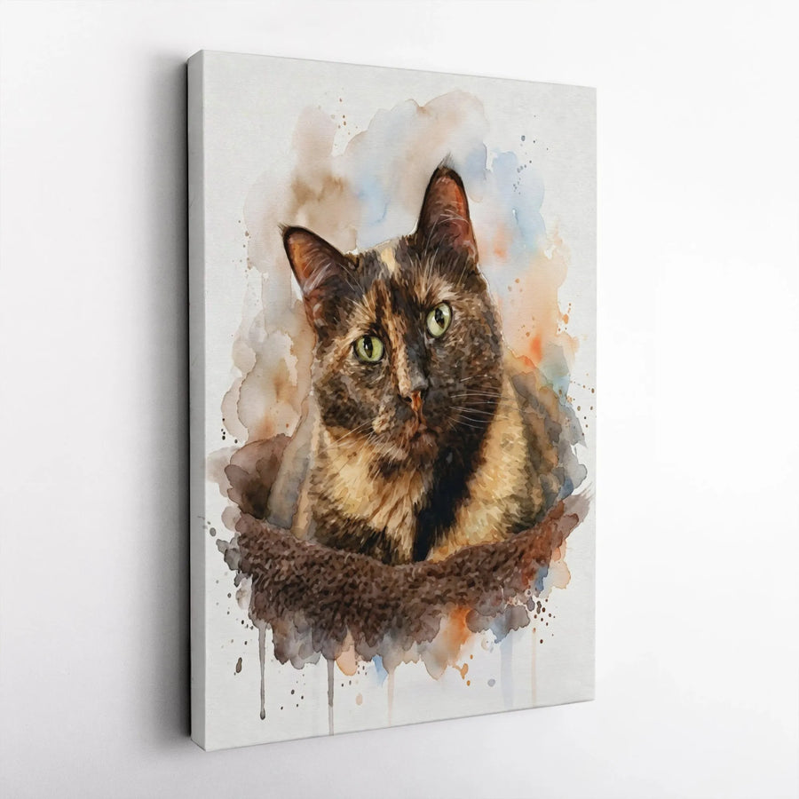 Tortoiseshell Cat Wall Art | Watercolor Animal Portrait | Premium Gallery-Wrapped Canvas | Gift for Cat Lovers & Pet Owners