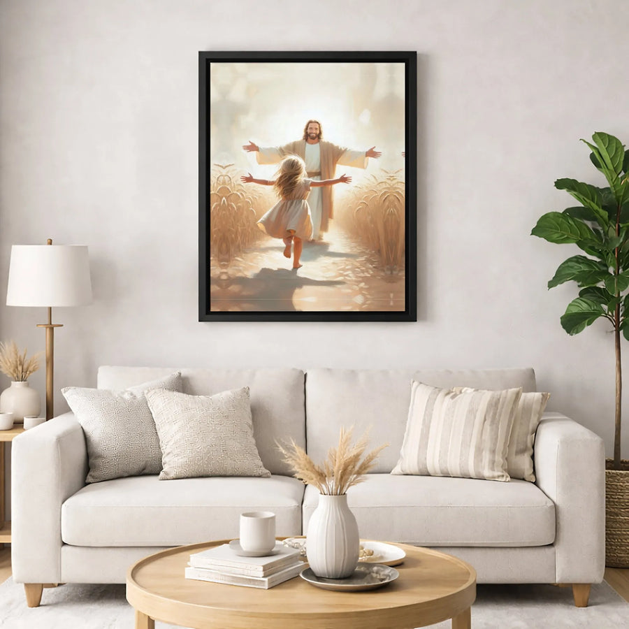 Jesus Welcoming Girl Canvas Wall Art | Faith-Based Religious Painting | Premium Gallery-Wrapped Print | Spiritual Home Decor Gift