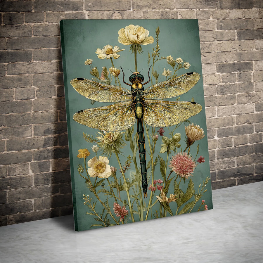 Golden Dragonfly Canvas Wall Art | Botanical Wildflower Print | Premium Gallery Wrapped Decor | Nature Lover Home Office Gift