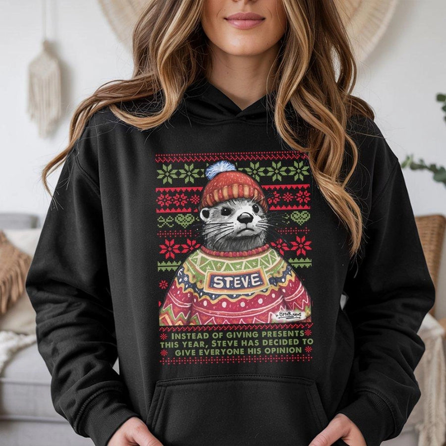 Steve The Otter Funny Christmas Hoodie | Ugly Sweater Graphic Design | Premium Cotton-Poly Blend | Humorous Holiday Gift for Animal Lovers