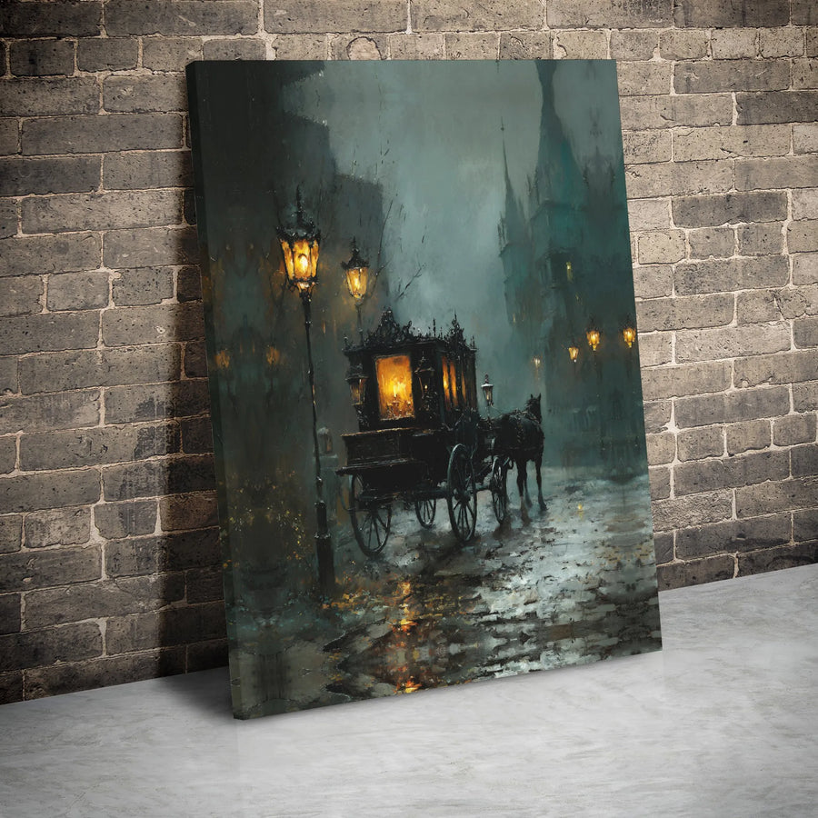 Victorian Gothic Wall Art | Foggy Horse-Drawn Carriage Scene | Premium Gallery-Wrapped Canvas | Dark Academia Home Decor Gift
