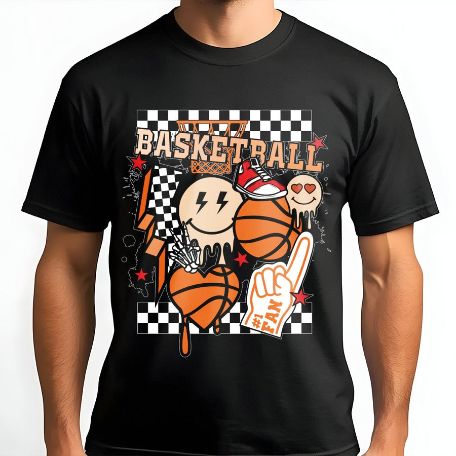 Basketball Graphic T-Shirt | Retro Checkered Sports Design | 100% Soft Cotton Premium Tee | Trendy Gift for Basketball Mom & Sports Fans