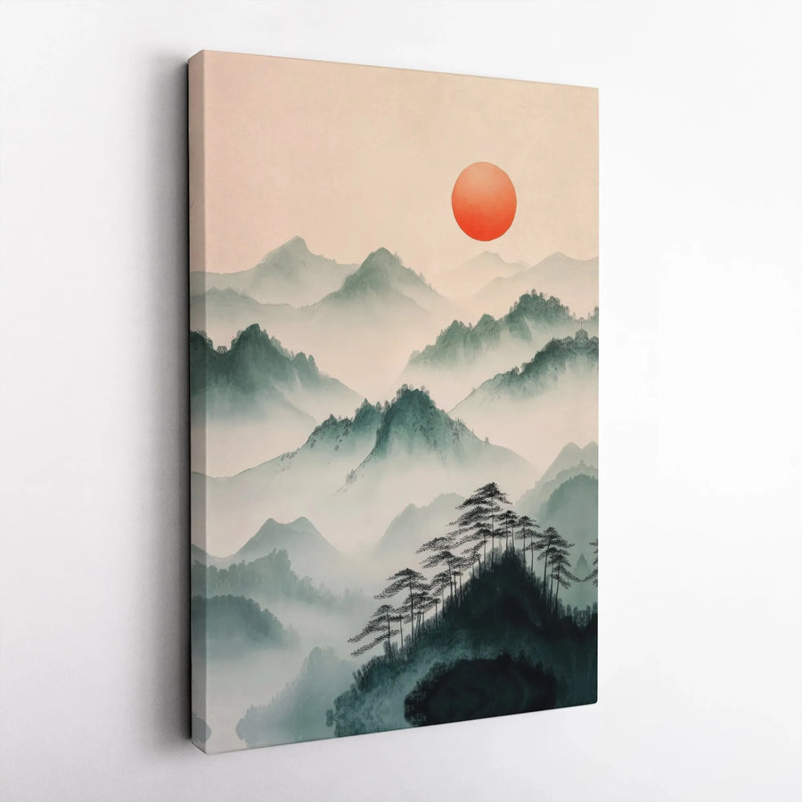 Japanese Mountain Canvas Print | Misty Forest & Red Sun Artwork | Premium Gallery Wrapped Canvas | Zen Wall Decor Gift