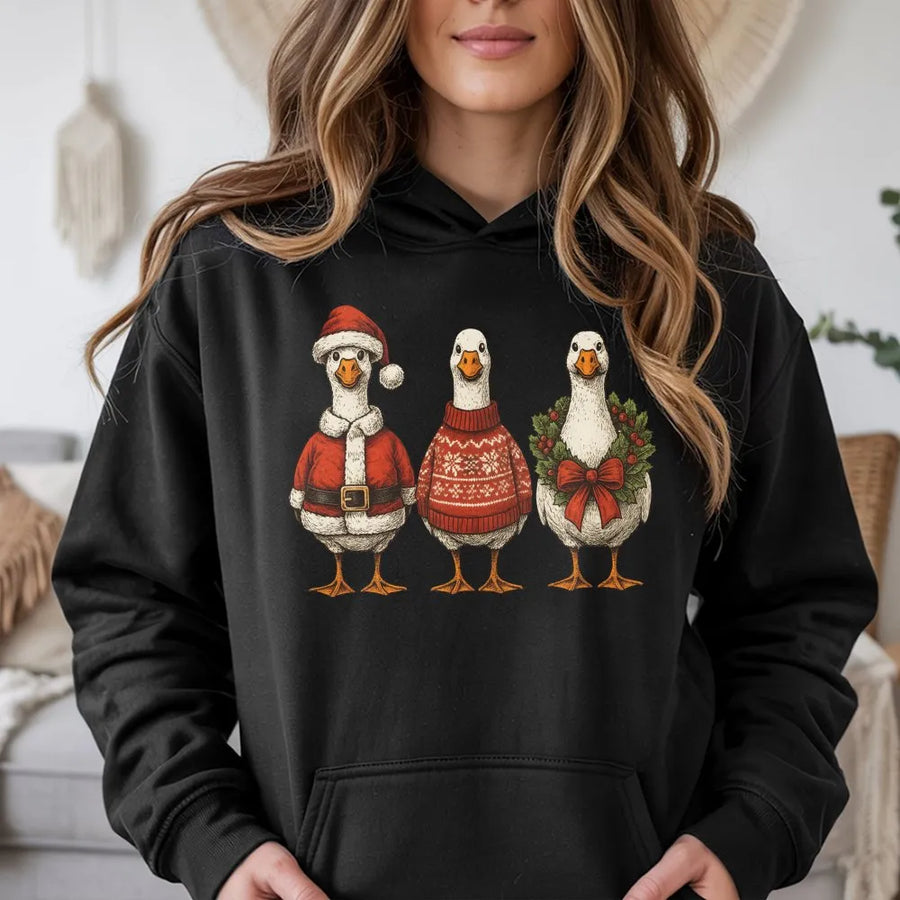 Christmas Goose Hoodie | Funny Santa Claus Geese Graphic | Soft Cotton Blend Sweatshirt | Cute Winter Holiday Gift for Animal Lovers