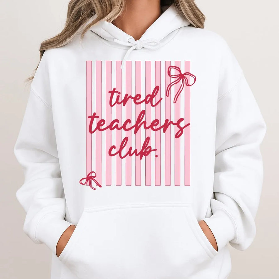 Tired Teachers Club Hoodie | Retro Striped Preppy Graphic | Soft Cotton Blend Sweatshirt | Funny Appreciation Gift for Teachers