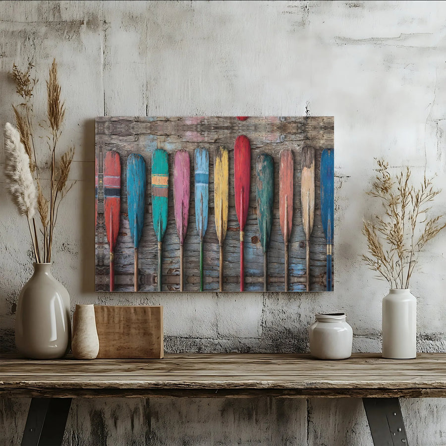 Colorful Paddles Canvas Wall Art | Rustic Row of Weathered Oars Print | Premium 1.25" Gallery Wrap | Coastal Lake House Decor Gift