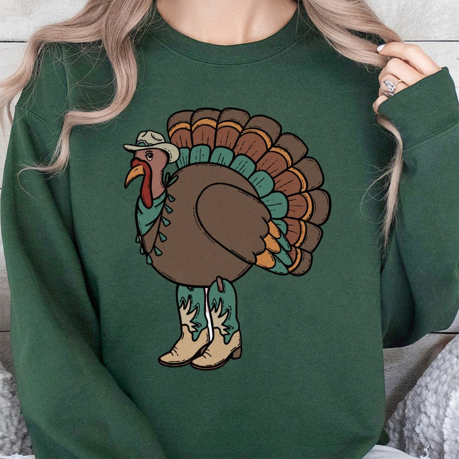 Western Cowboy Turkey Sweatshirt | Funny Thanksgiving Graphic | Cotton Blend Unisex Pullover | Fall Holiday Gift For Her