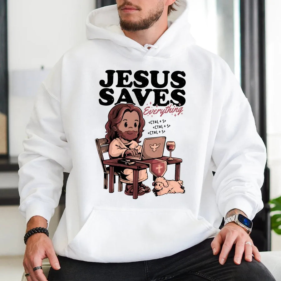 Jesus Saves Everything Hoodie | Christian Programmer Tech Humor | Premium Soft Cotton Blend | Religious Gift For IT Developer Software Engineer