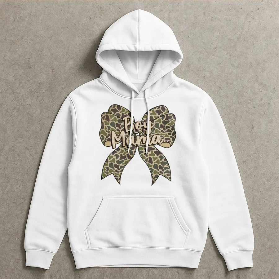 Boy Mama Hoodie | Camo Coquette Bow Graphic Design | Premium Cotton Blend | Gift For Mom, Mother's Day 2026 Present, Trendy Graphic Sweatshirt
